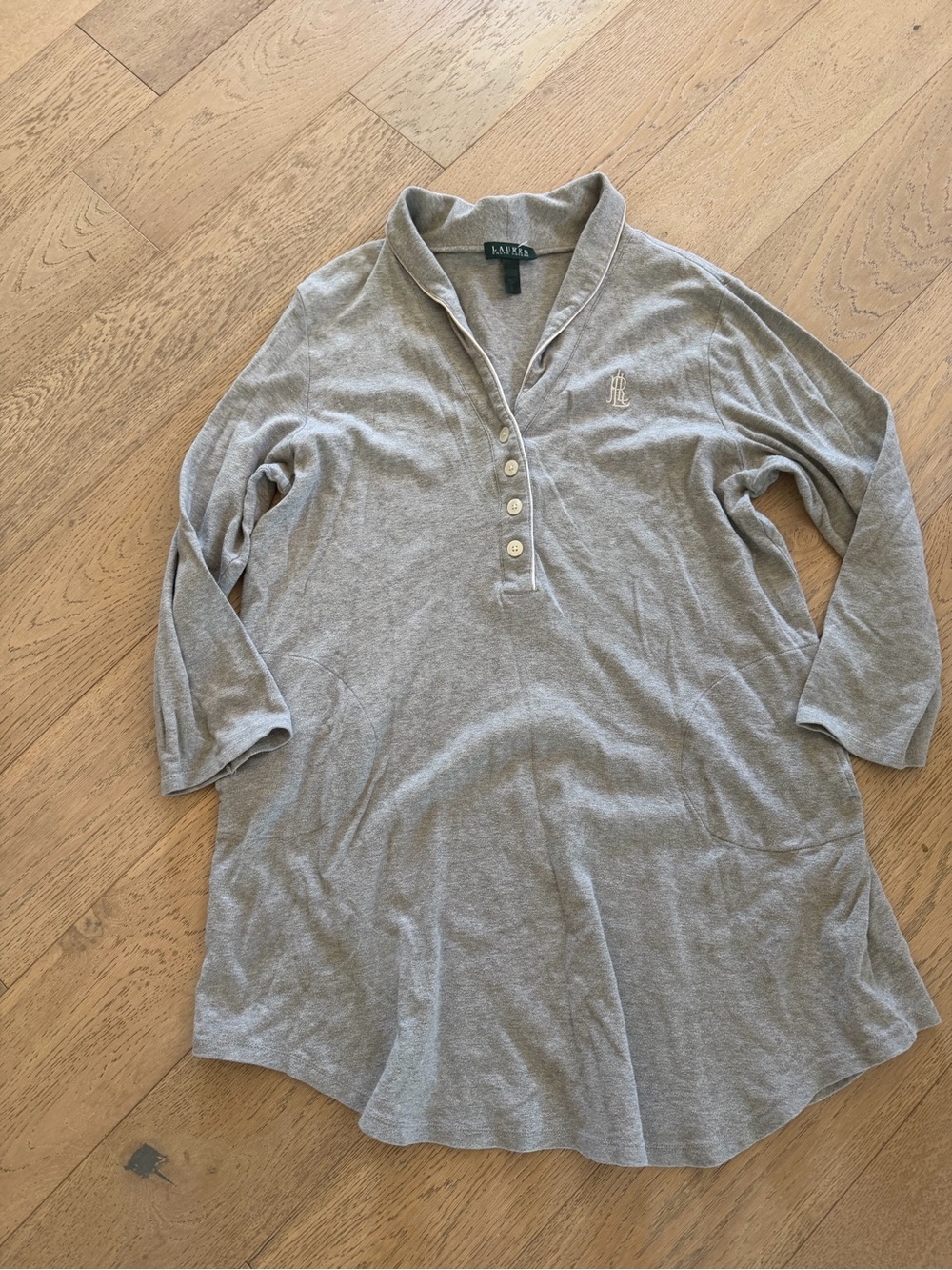 Lauren Ralph Lauren Grey Knit Henley Sleep Shirt Nightgown Pockets LRL Logo